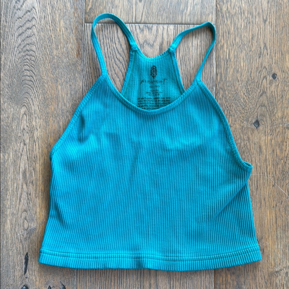 Happiness Runs Crop Tank Teal Ribbed